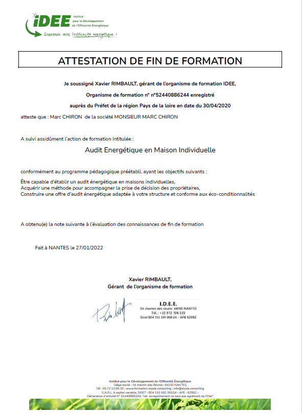 attestation formation auditeur énergétique 44